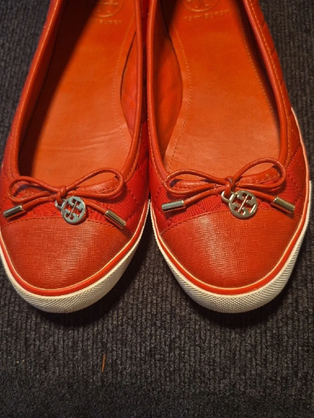 Tory Burch Orange-Red Leather Bow Ballet Flats with Logo Charm